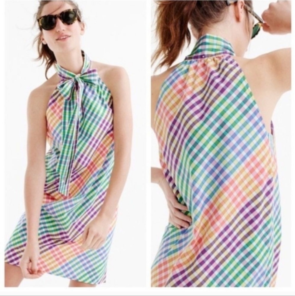 J Crew Woman's Gingham Tie Neck Cotton Sleeveless Shift Mini Dress Rainbow 2 - Picture 1 of 10